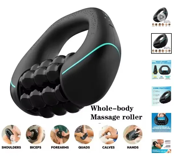 The Powered Rolling Massager device featuring its sleek black design and LED light