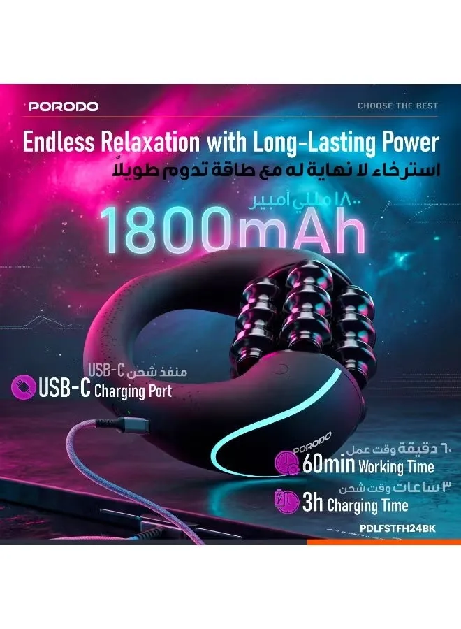 Porodo Powered Rolling Massager with 1800mAh battery and USB-C charging specifications