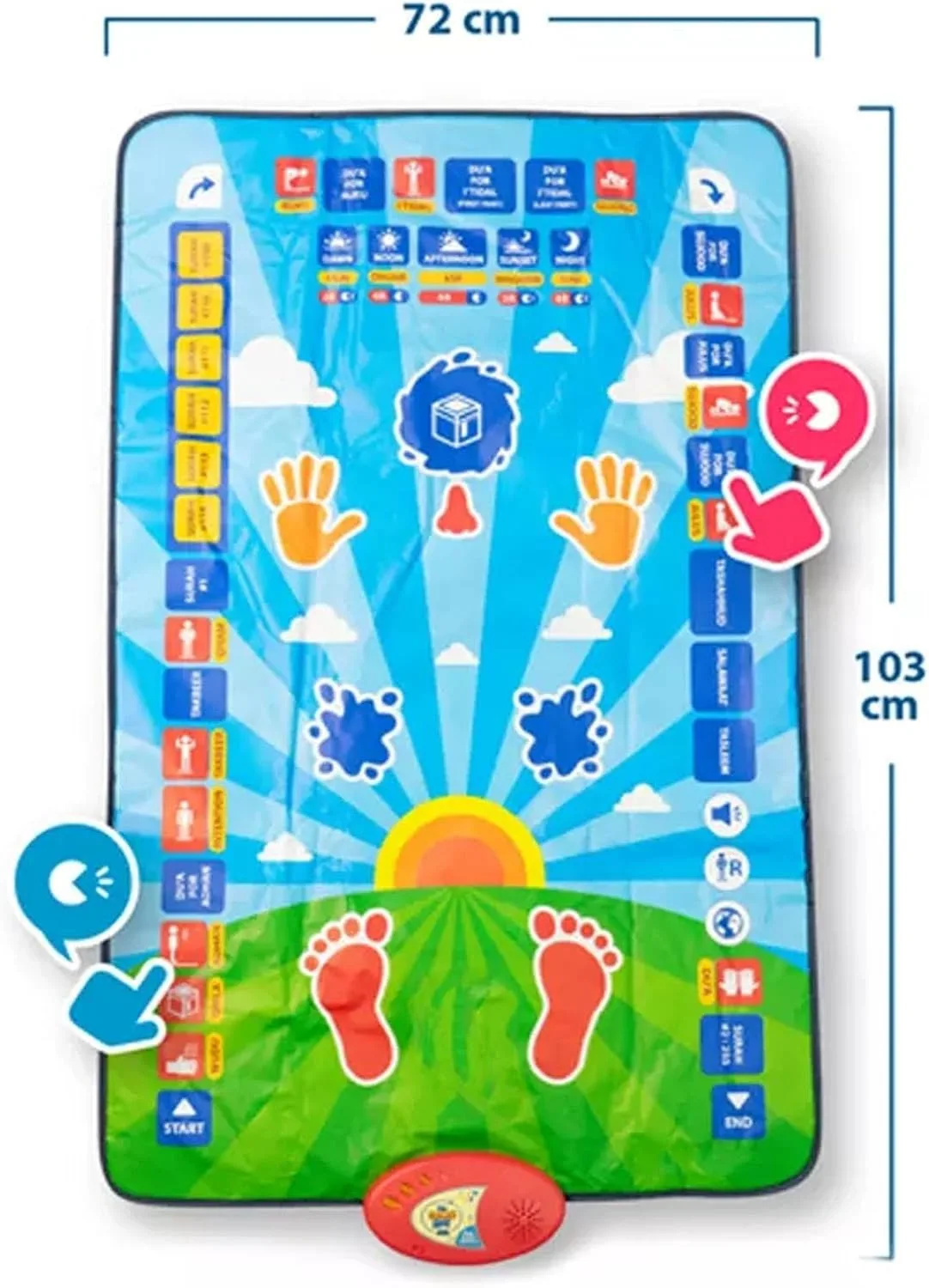 Dimensions of the smart prayer mat showing 72cm by 103cm size