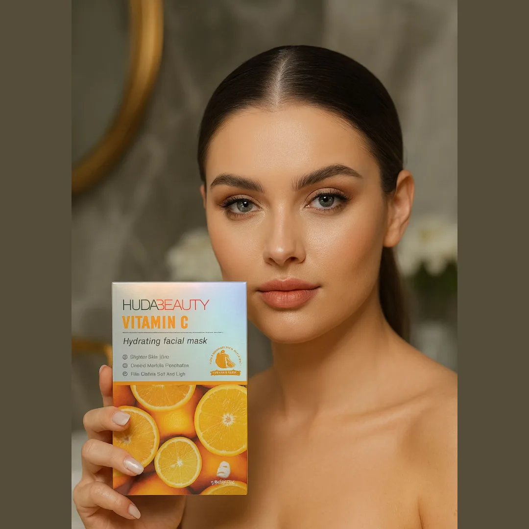 Woman holding a Huda Beauty Vitamin C hydrating facial mask box