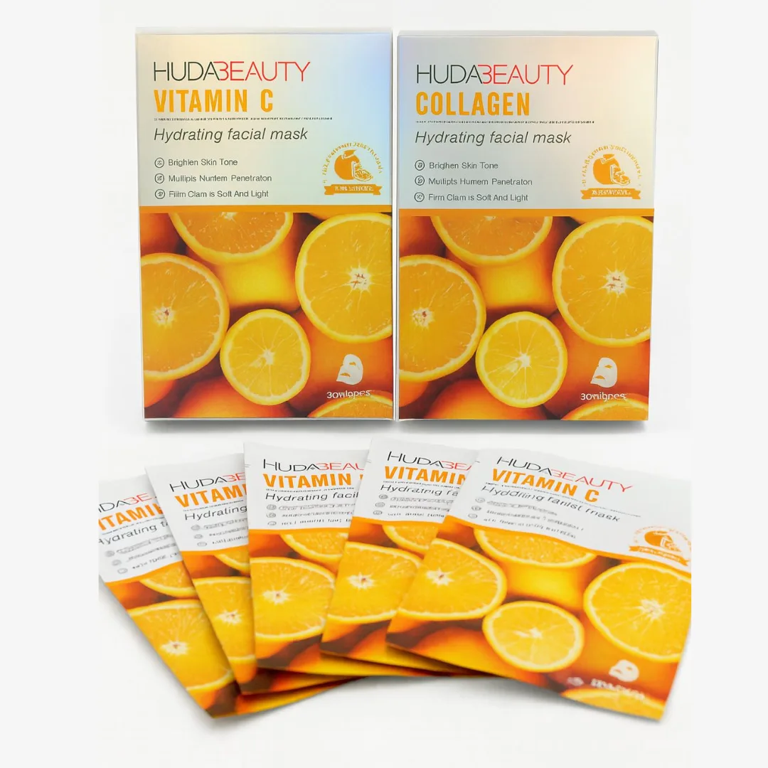 Huda Beauty Vitamin C and Collagen hydrating facial mask boxes with individual sheets
