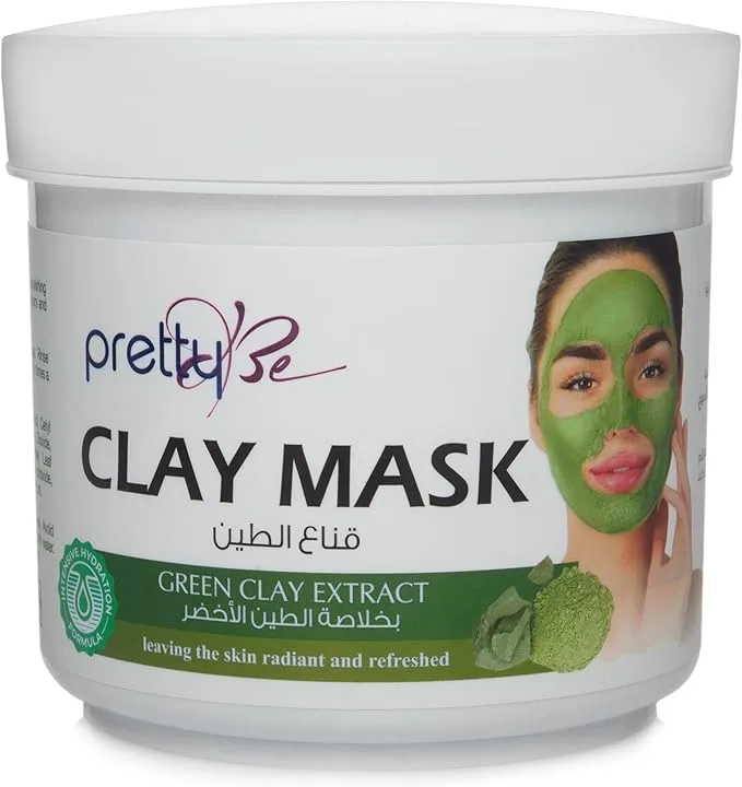 Close-up of Pretty Be Clay Mask jar with green clay extract branding
