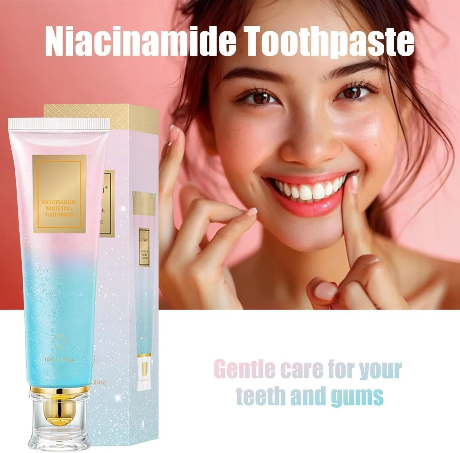 Woman smiling showing white teeth with Nicotinamide whitening toothpaste product