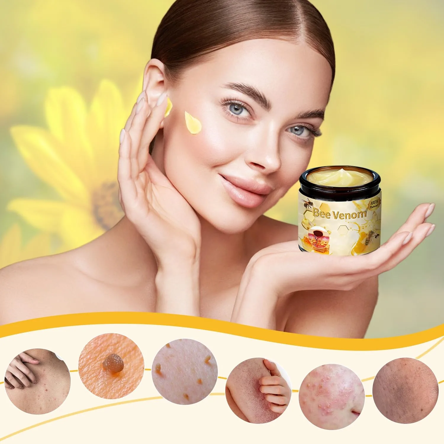 Woman applying Bee Venom skin cream with skin condition examples below