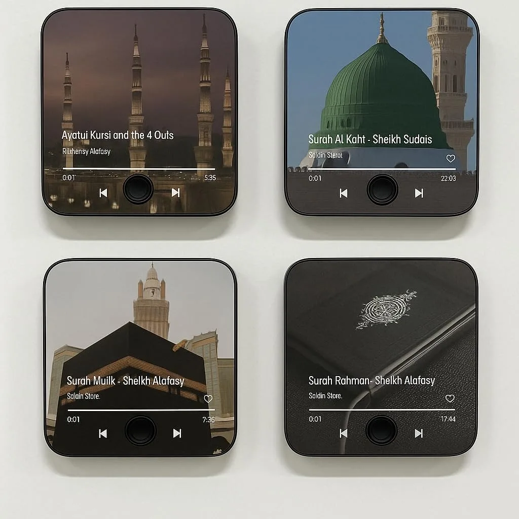 Four different Quran Magnet designs showing various Surahs and beautiful Islamic landmarks