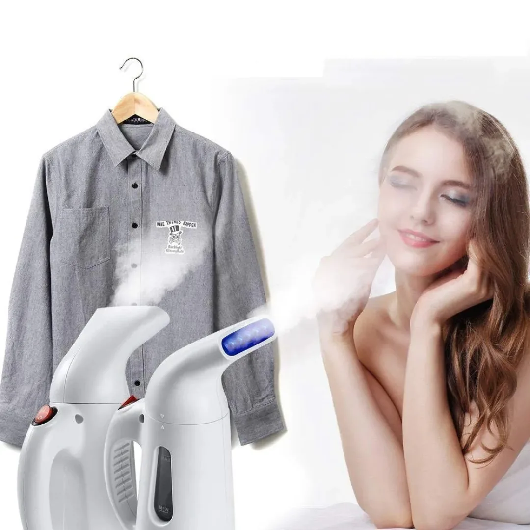 Lifestyle image showing the steamer being used for both clothing maintenance and facial spa treatment