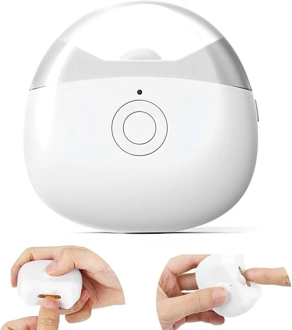 Close-up view of the white electric nail clipper with a sleek circular button