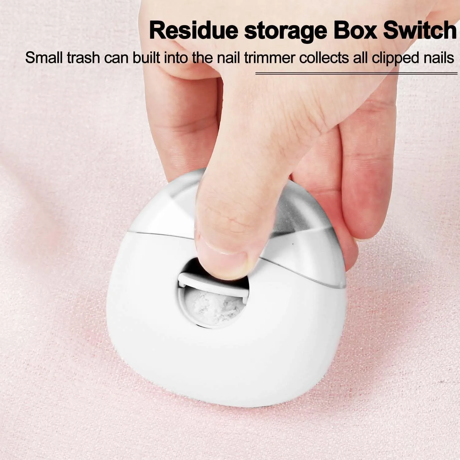 Hand opening the built-in residue storage box on the back of the electric nail clipper