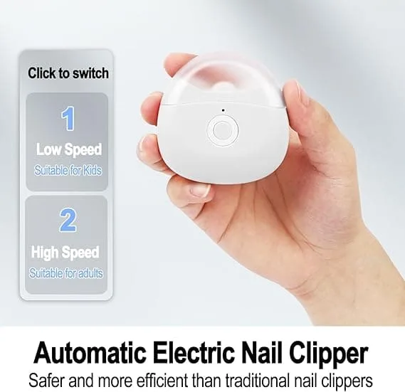 Hand holding a white electric nail clipper showing two speed settings for kids and adults