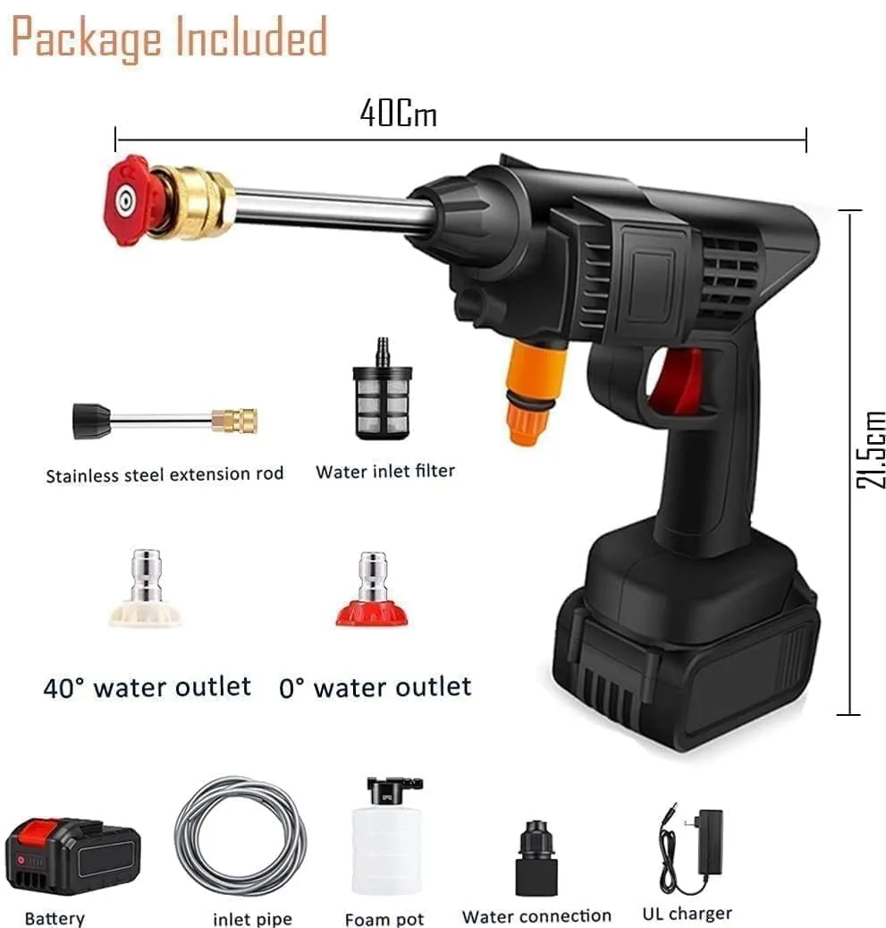 Diagram showing the dimensions and included components of the portable pressure washer kit