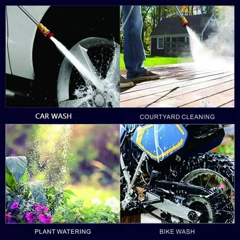 Lifestyle collage showing the pressure washer in use for car, bike, and garden cleaning