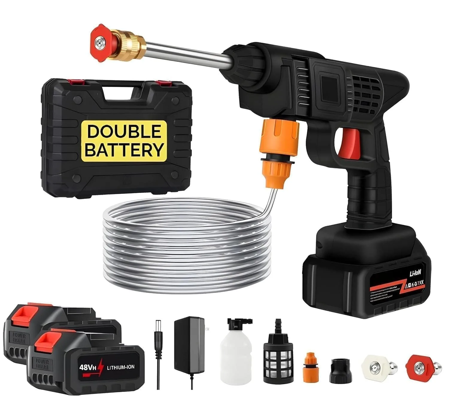 Cordless 48V pressure washer kit with two batteries and accessories