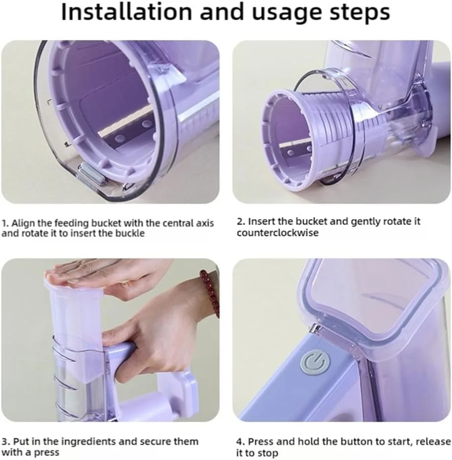 Step-by-step visual guide showing how to assemble and operate the electric food slicer