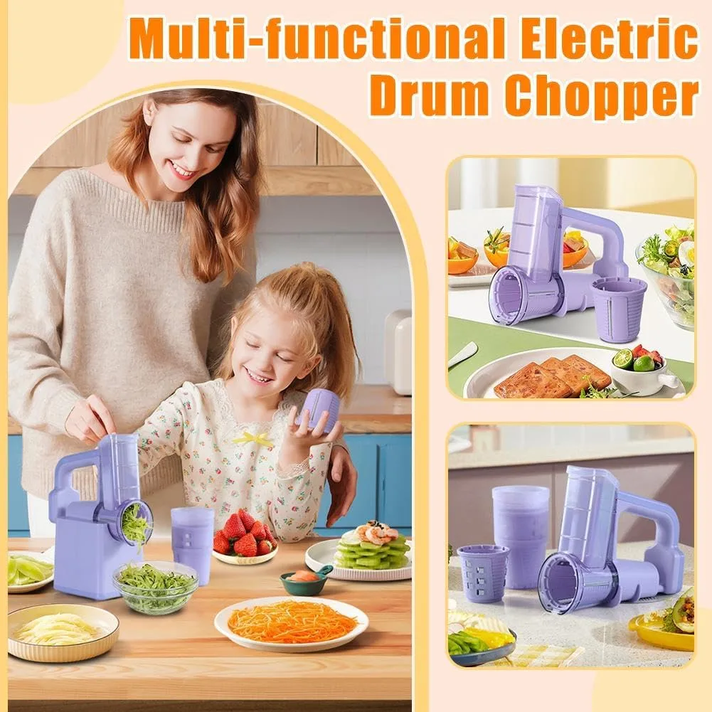 A mother and daughter using a purple multi-functional electric drum chopper in a bright kitchen