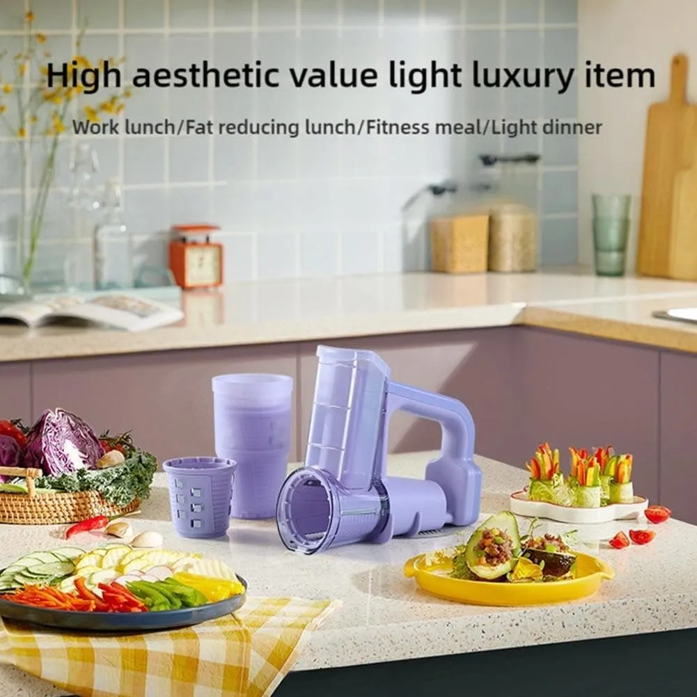 A purple electric vegetable slicer on a kitchen counter with prepared salad ingredients