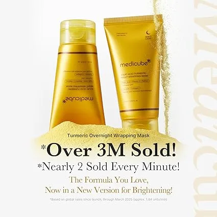 Medicube Kojic Acid Turmeric Night Wrapping Mask bottle and tube with powder texture background