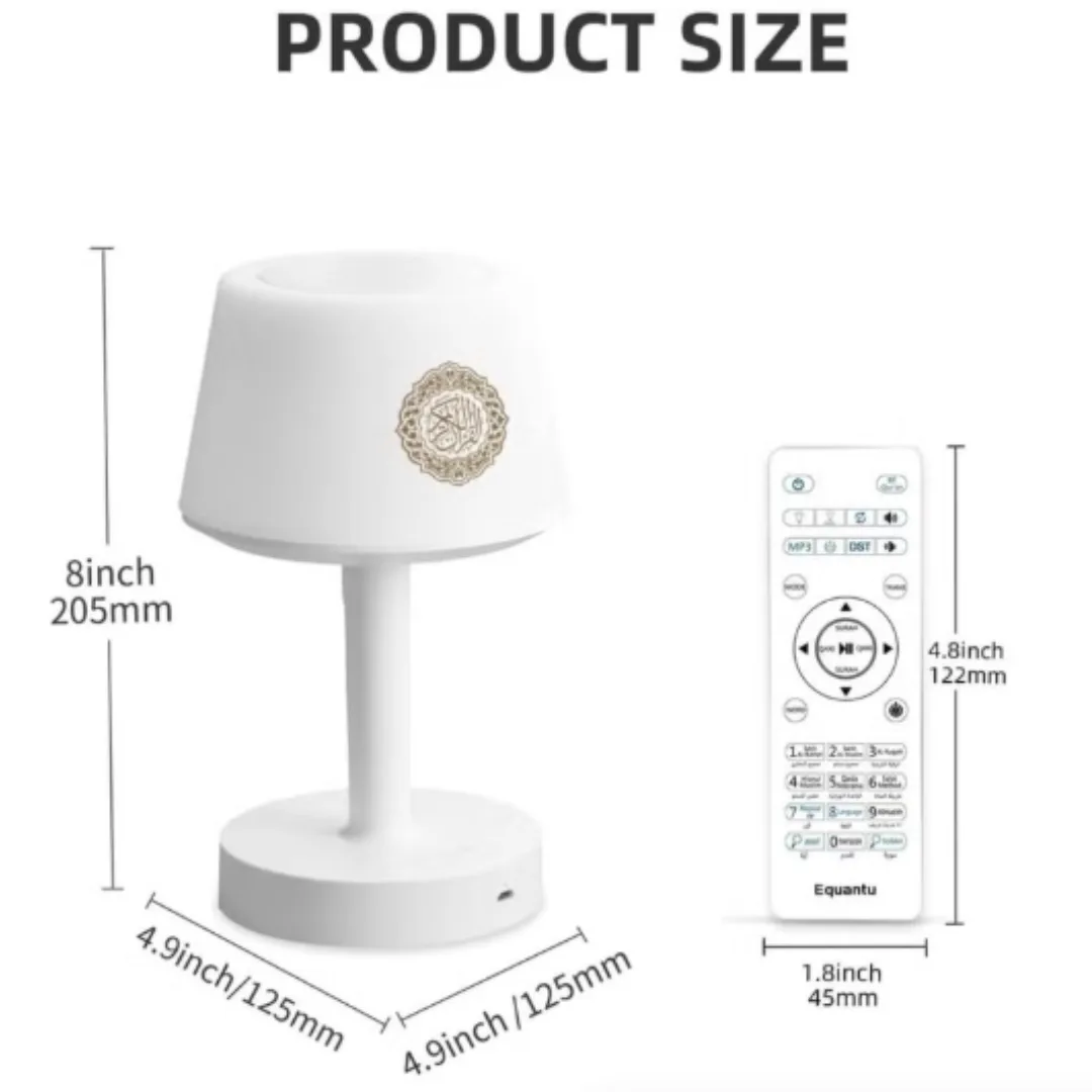 Product dimensions of the Quran smart LED lamp and remote control in inches and millimeters