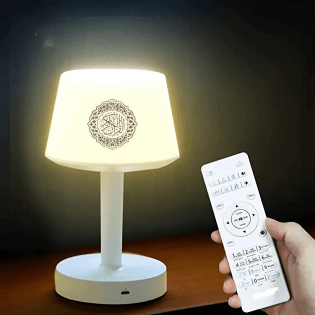 Quran smart touch LED lamp with remote control on a wooden surface