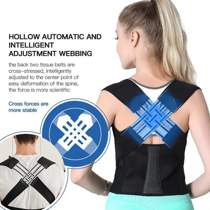 Woman wearing the posture corrector belt highlighting the intelligent cross-webbing design