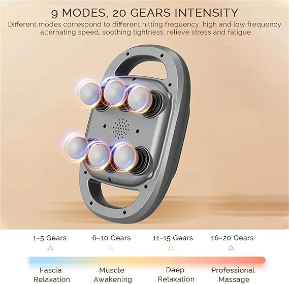 6-head massager machine showing 9 modes and 20 intensity levels