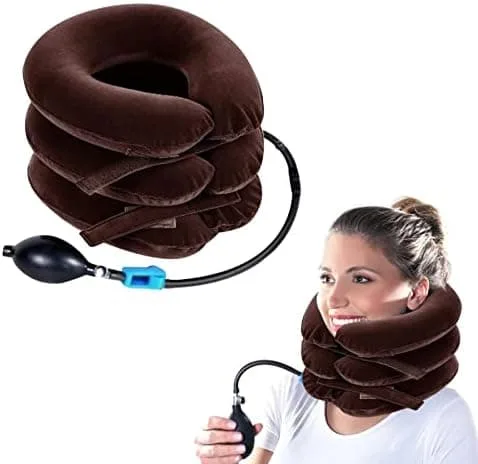 Inflatable brown cervical neck traction device with hand pump