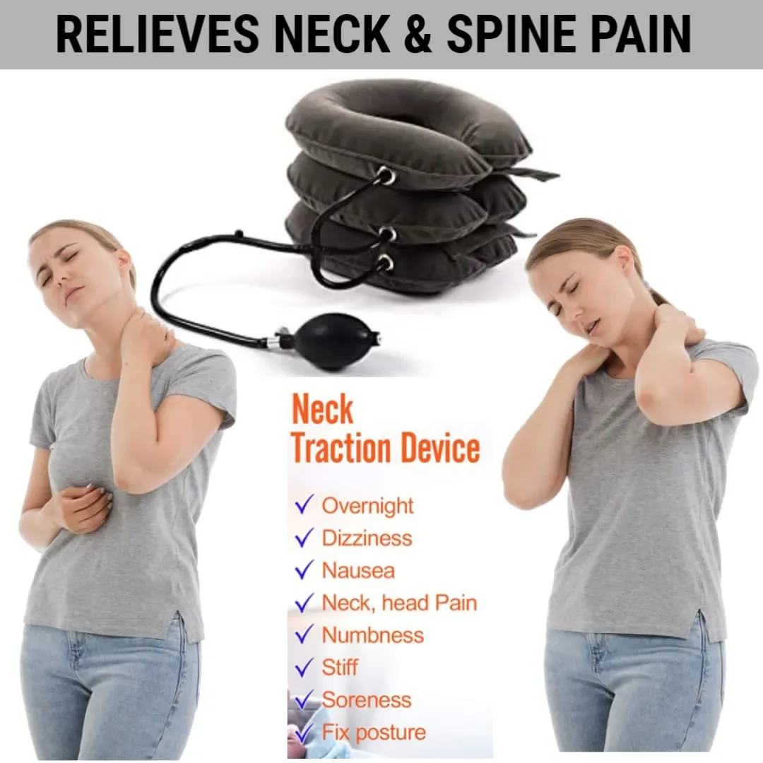 Woman suffering from neck pain and using the inflatable neck traction device