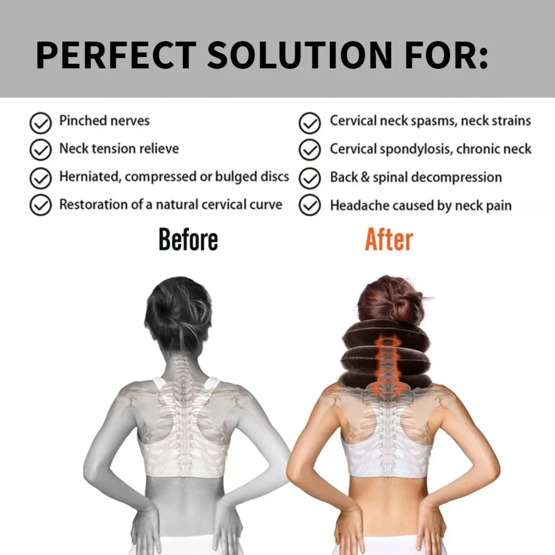 Diagram showing how the neck traction device improves spine alignment and relieves neck pain