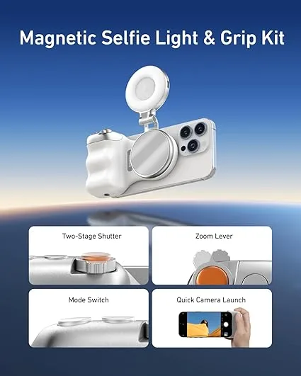 TELESIN magnetic smartphone grip and selfie light kit features including shutter, zoom, and mode controls