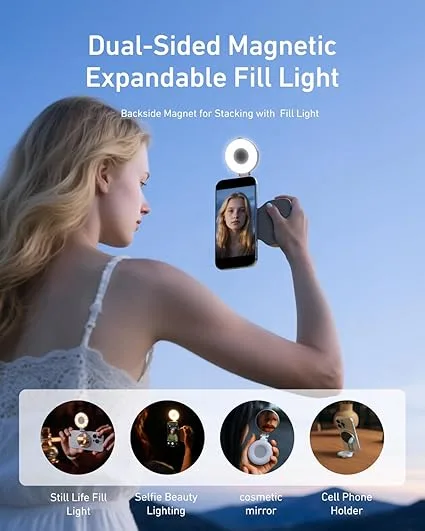 Woman using the dual-sided magnetic fill light and cosmetic mirror on a smartphone