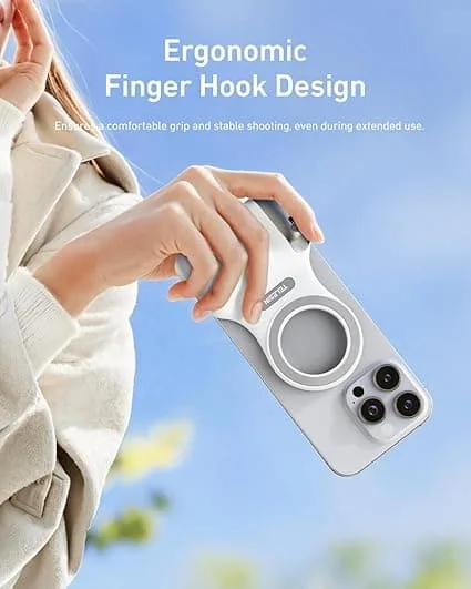 Person holding a smartphone with an ergonomic TELESIN magnetic finger hook grip