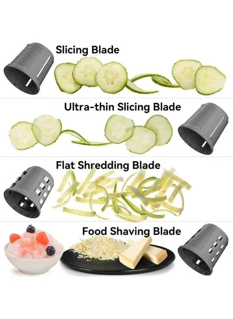 Chart showing four interchangeable blades for slicing, shredding, and shaving food