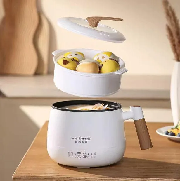 Modern 1.2L white multi cooker with steaming tray and wood-look handle