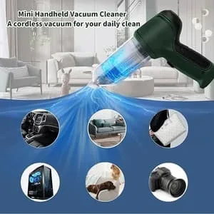 Mini cordless handheld vacuum cleaner showing multiple cleaning applications