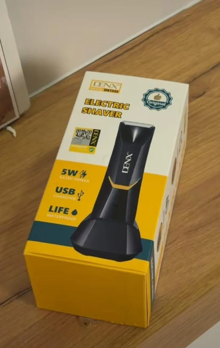 DENX Electric Trimmer packaging box with 5W power and USB charging icons