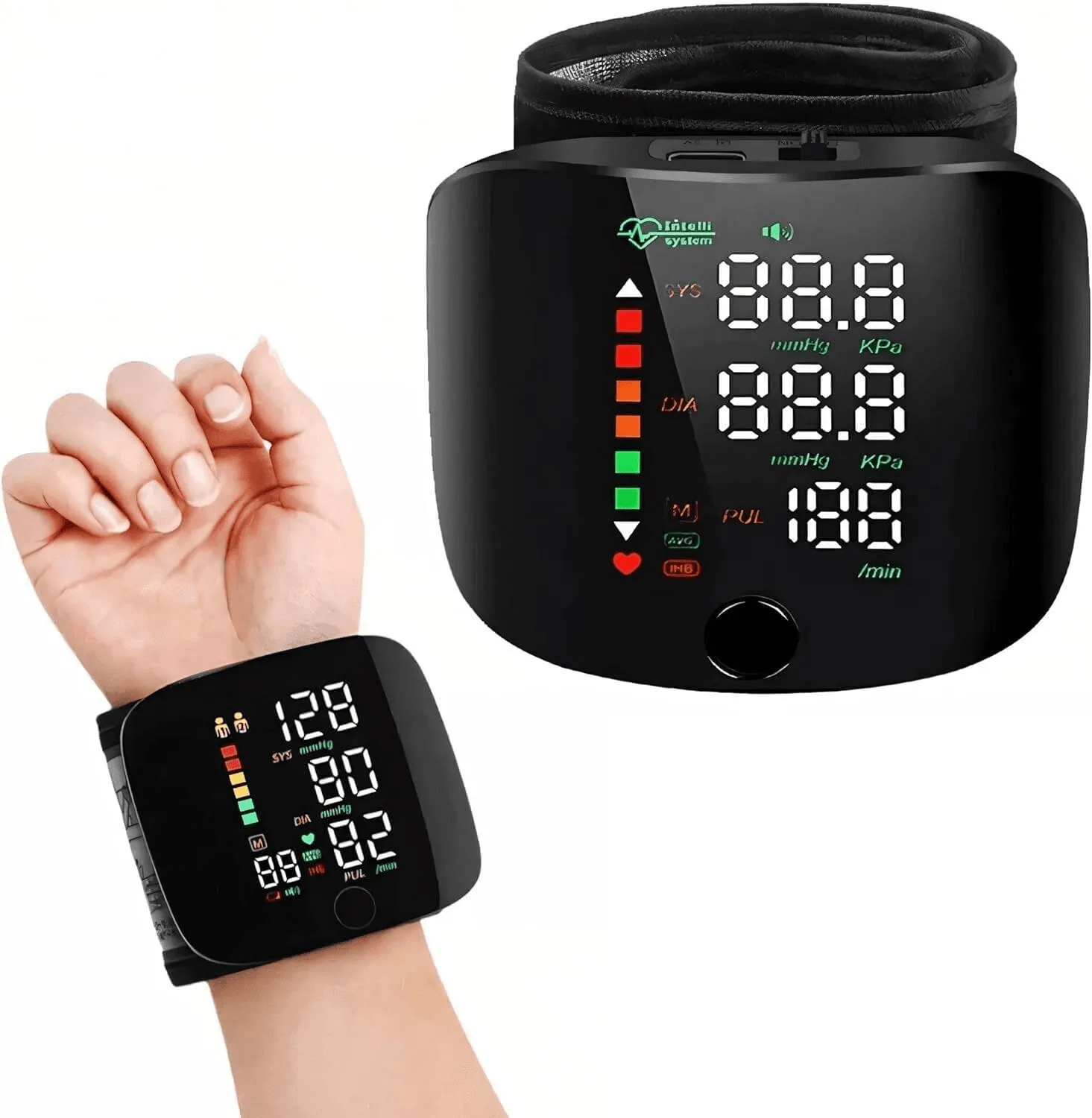 Automatic wrist blood pressure monitor displaying measurement results on a user's wrist