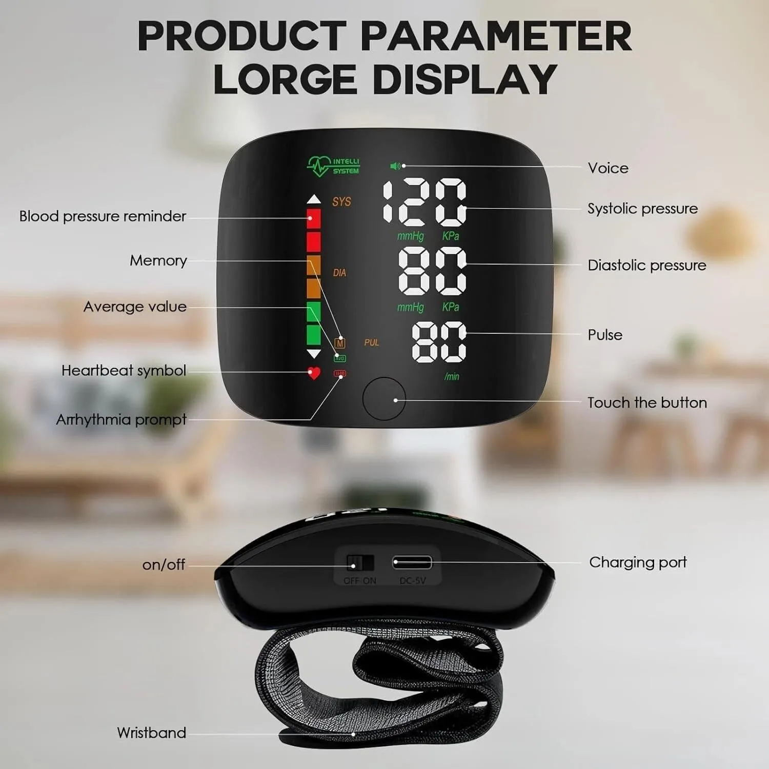 Detailed product diagram of the blood pressure monitor showing charging port, on-off switch, and display features