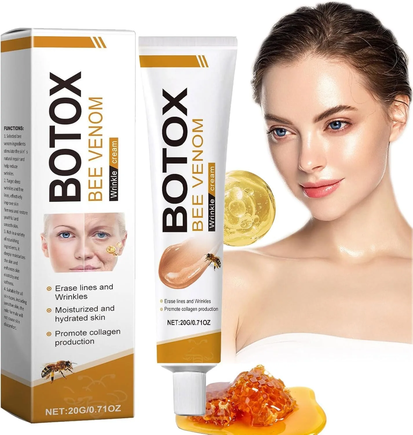 Botox Bee Venom Wrinkle Cream packaging and tube with model