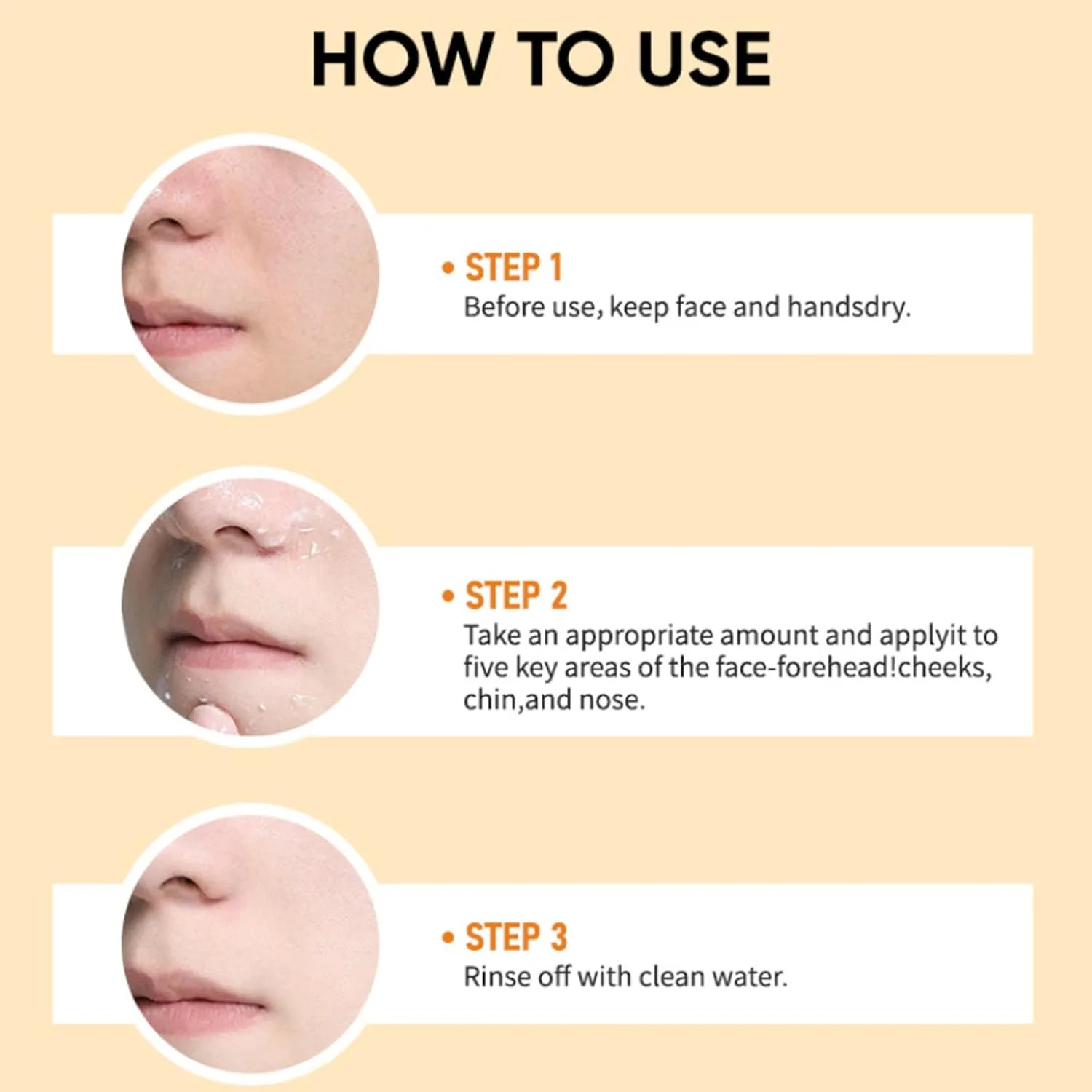 Step-by-step instructions on how to apply the Orange Enzymes Exfoliating Gel to the face