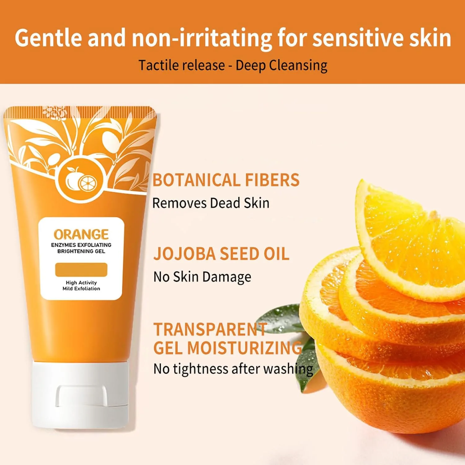 Orange Enzymes Exfoliating Brightening Gel features including botanical fibers and jojoba oil