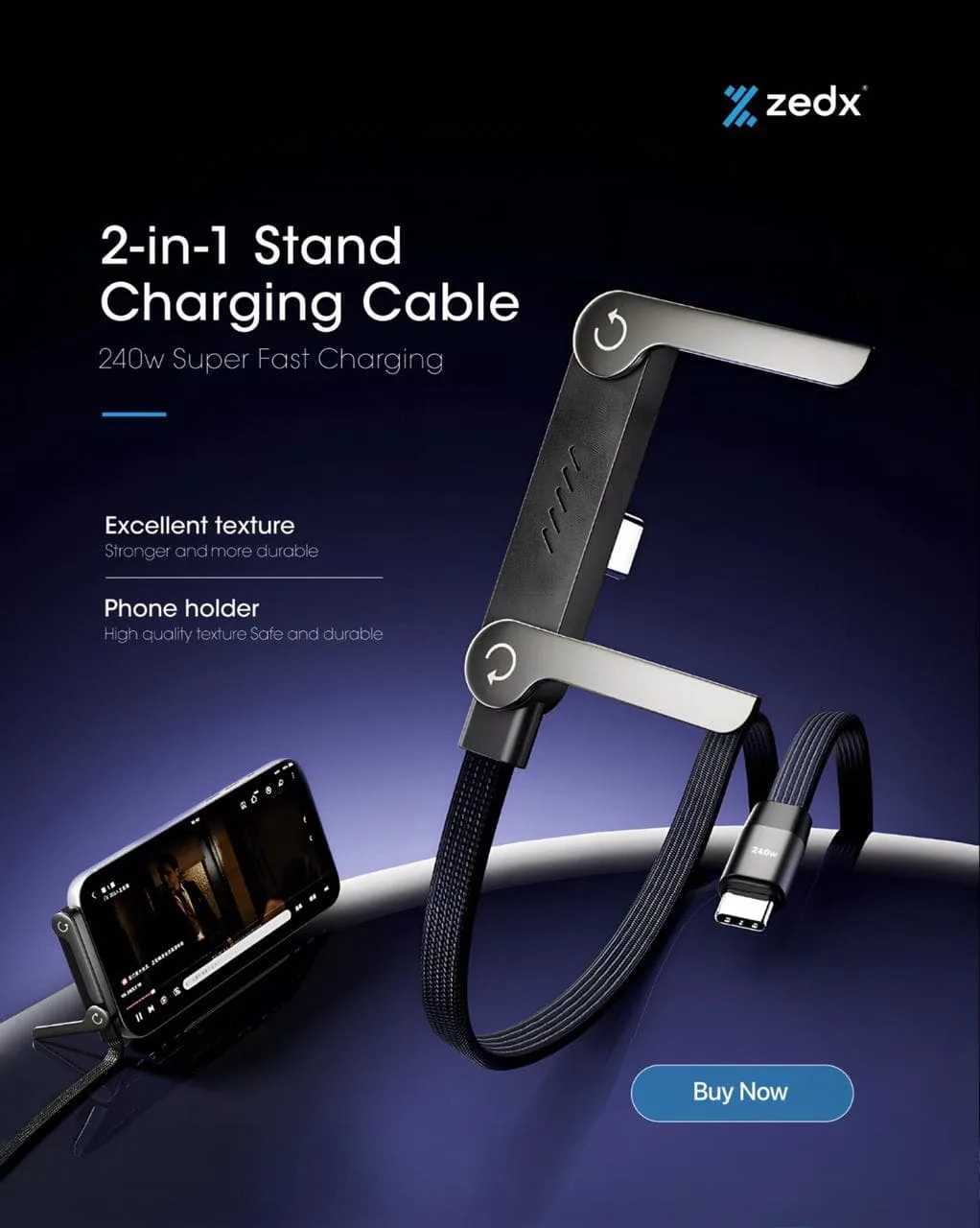 Zedx 2-in-1 stand charging cable with 240W fast charging