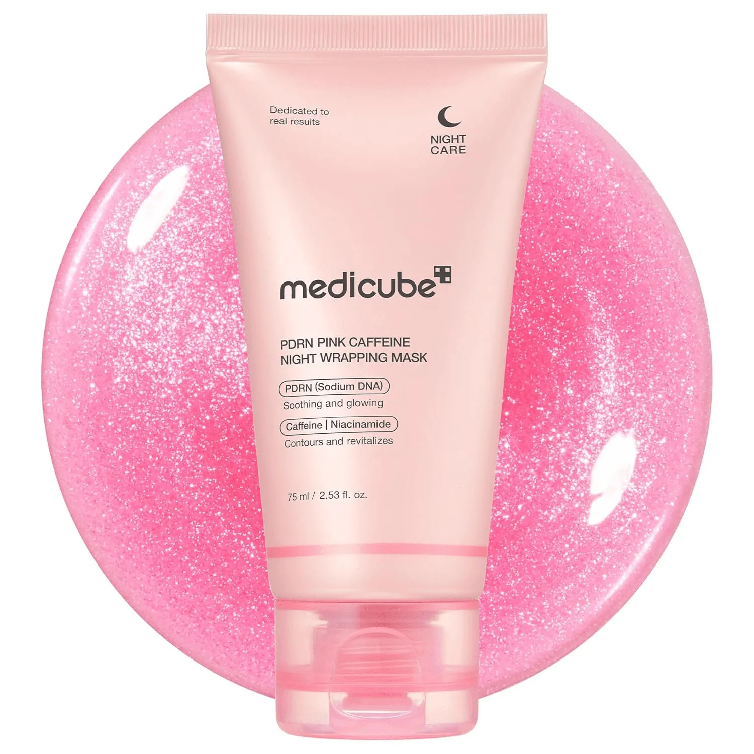 Medicube PDRN Pink Caffeine Night Wrapping Mask tube with pink glitter texture