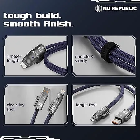 Product feature breakdown showing durability, zinc alloy shell, and 1-meter cable length