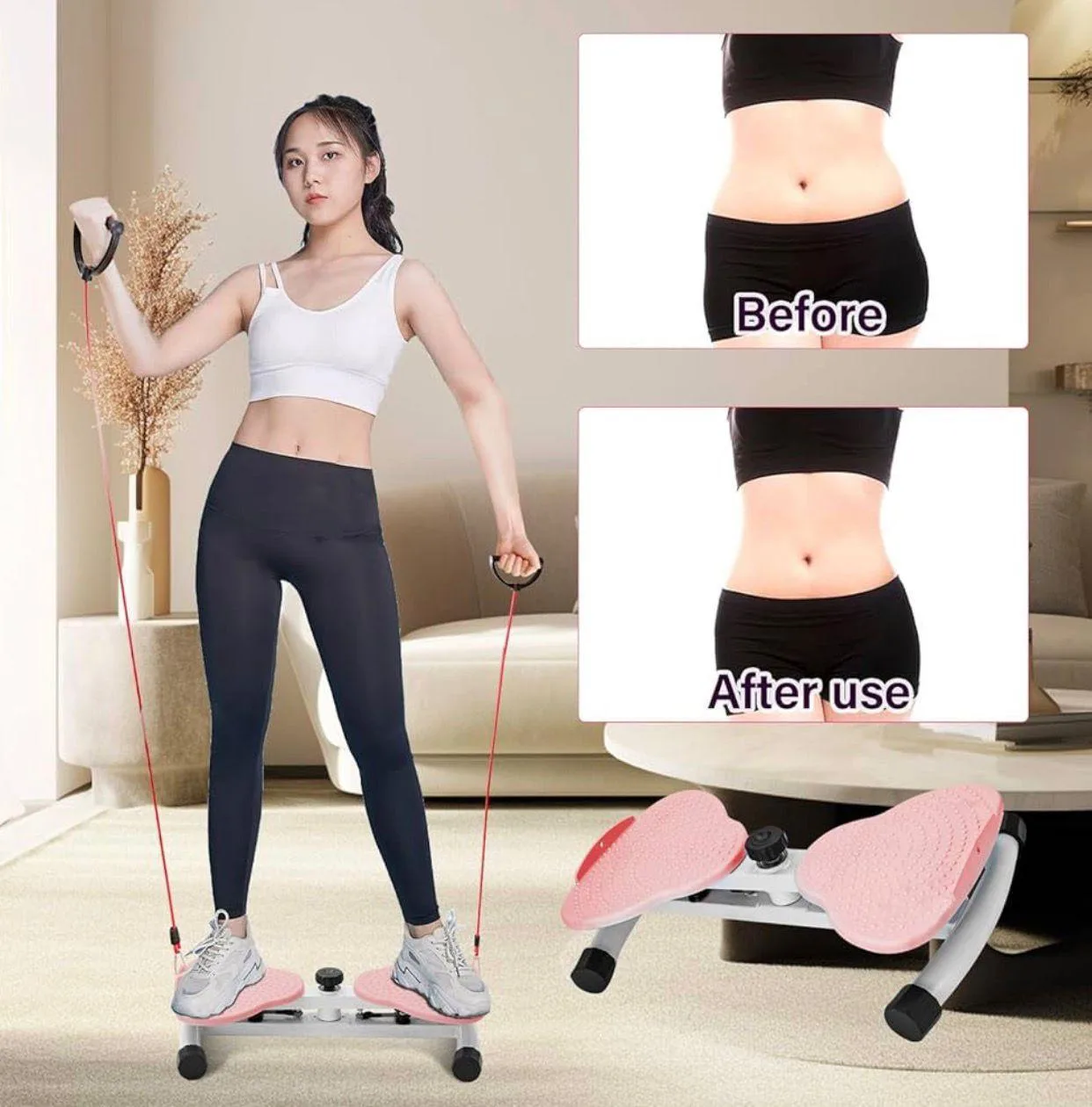 Woman using the waist twisting machine with resistance bands for home exercise