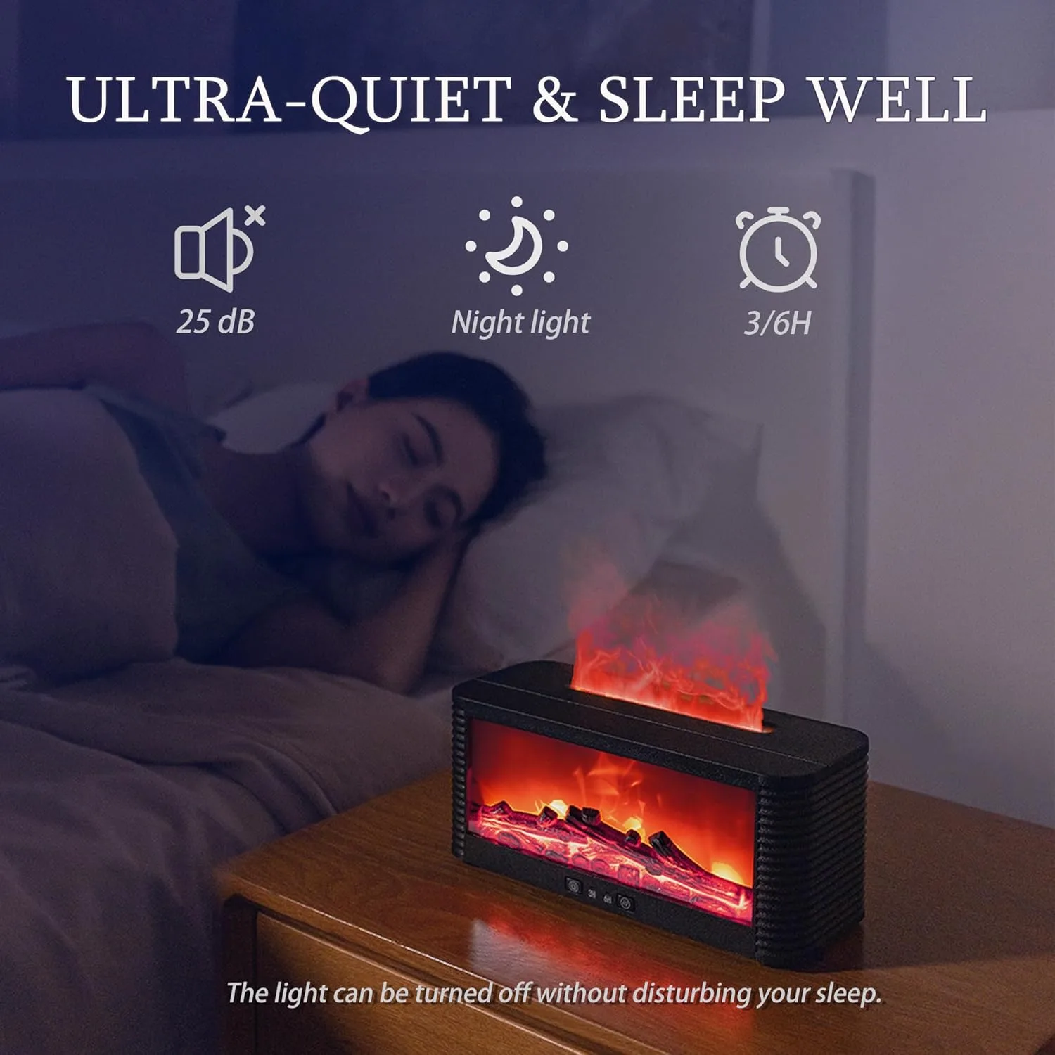 Lifestyle shot of a woman sleeping next to a fireplace aroma diffuser on a nightstand