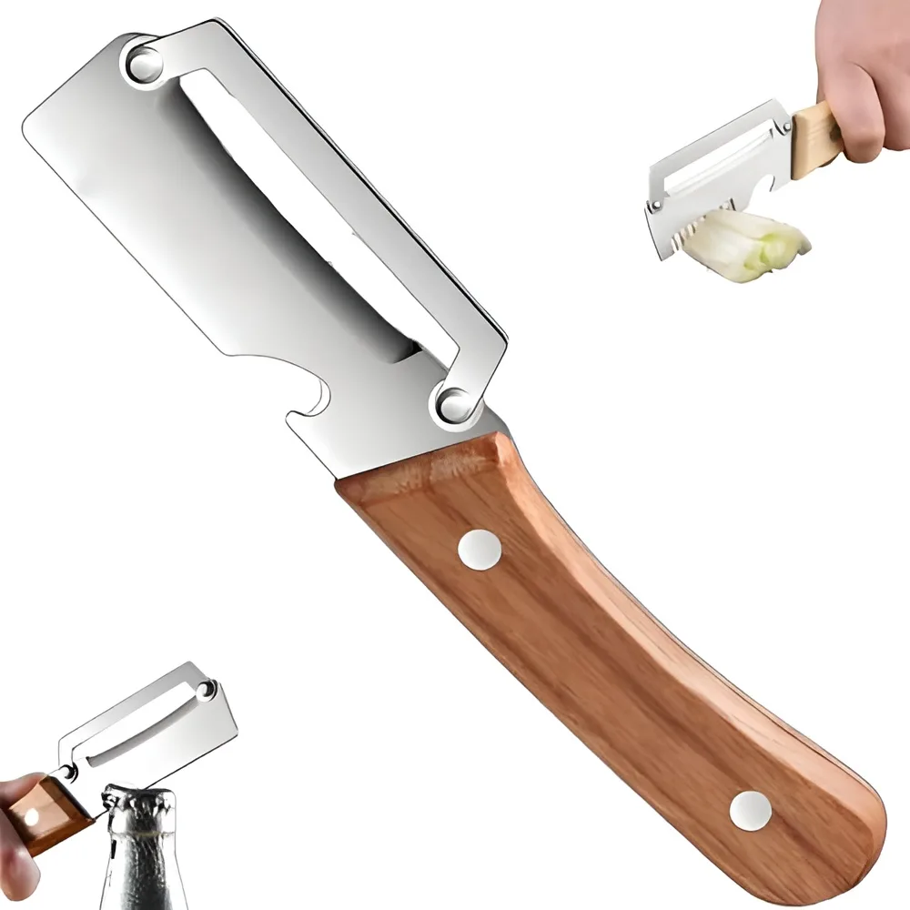 Close up of multifunctional vegetable peeler peeling a vegetable