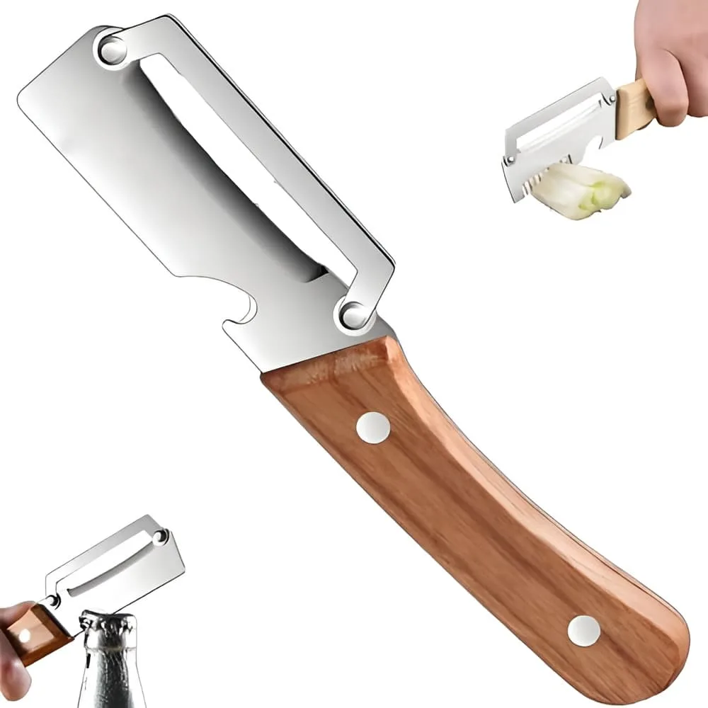 Multifunctional vegetable peeler with wood handle and bottle opener feature