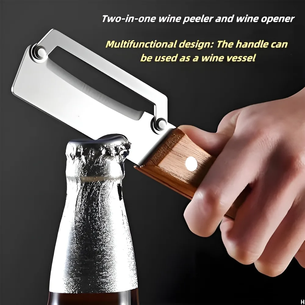Close up of multifunctional vegetable peeler opening a glass bottle