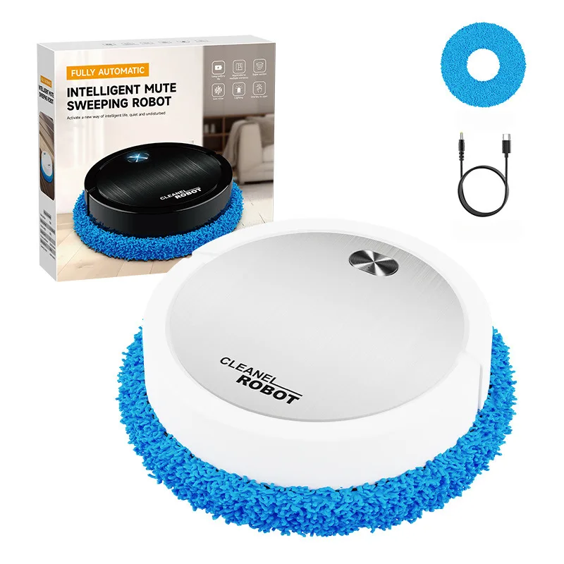 white automatic mopping robot with charging cable and spare pad