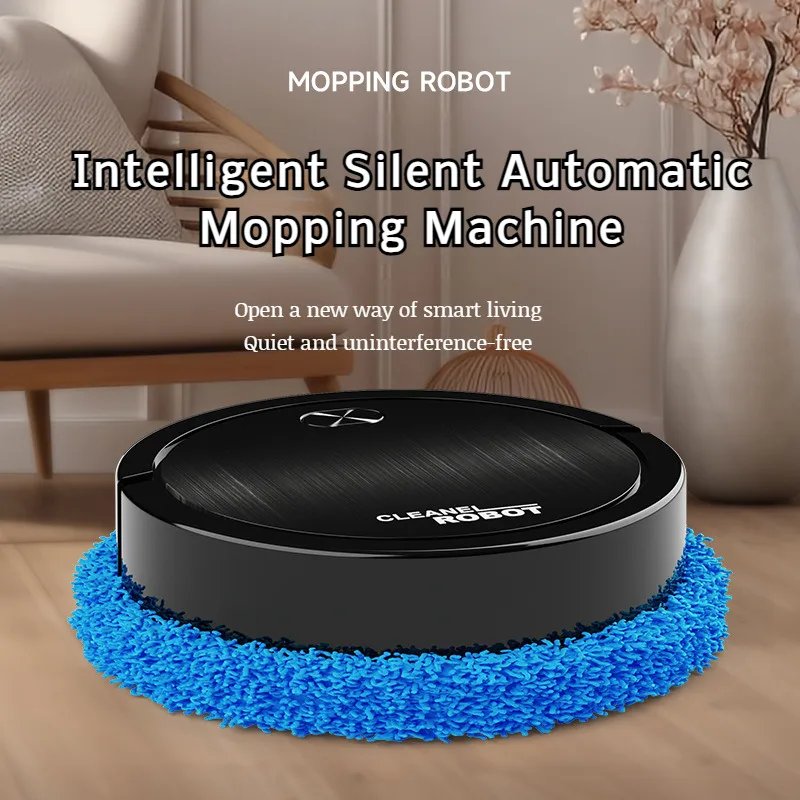 black automatic mopping robot with blue cleaning pad