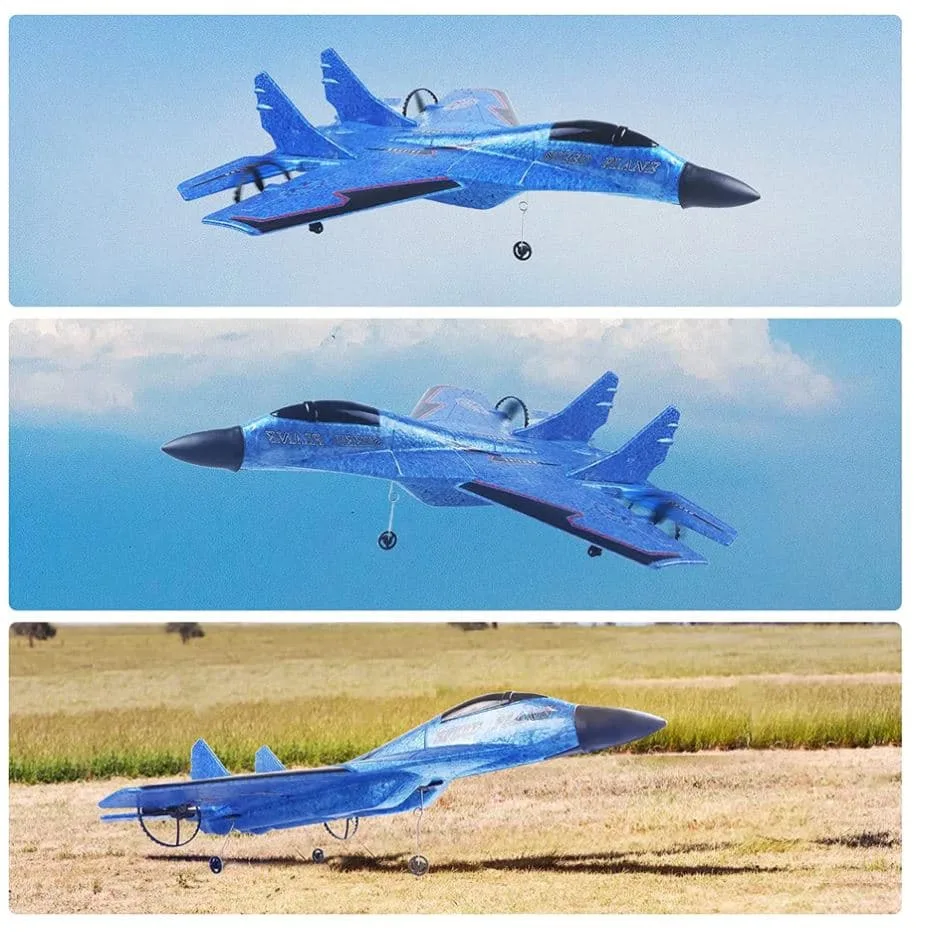 Blue EPP foam remote control jet fighter in mid-air